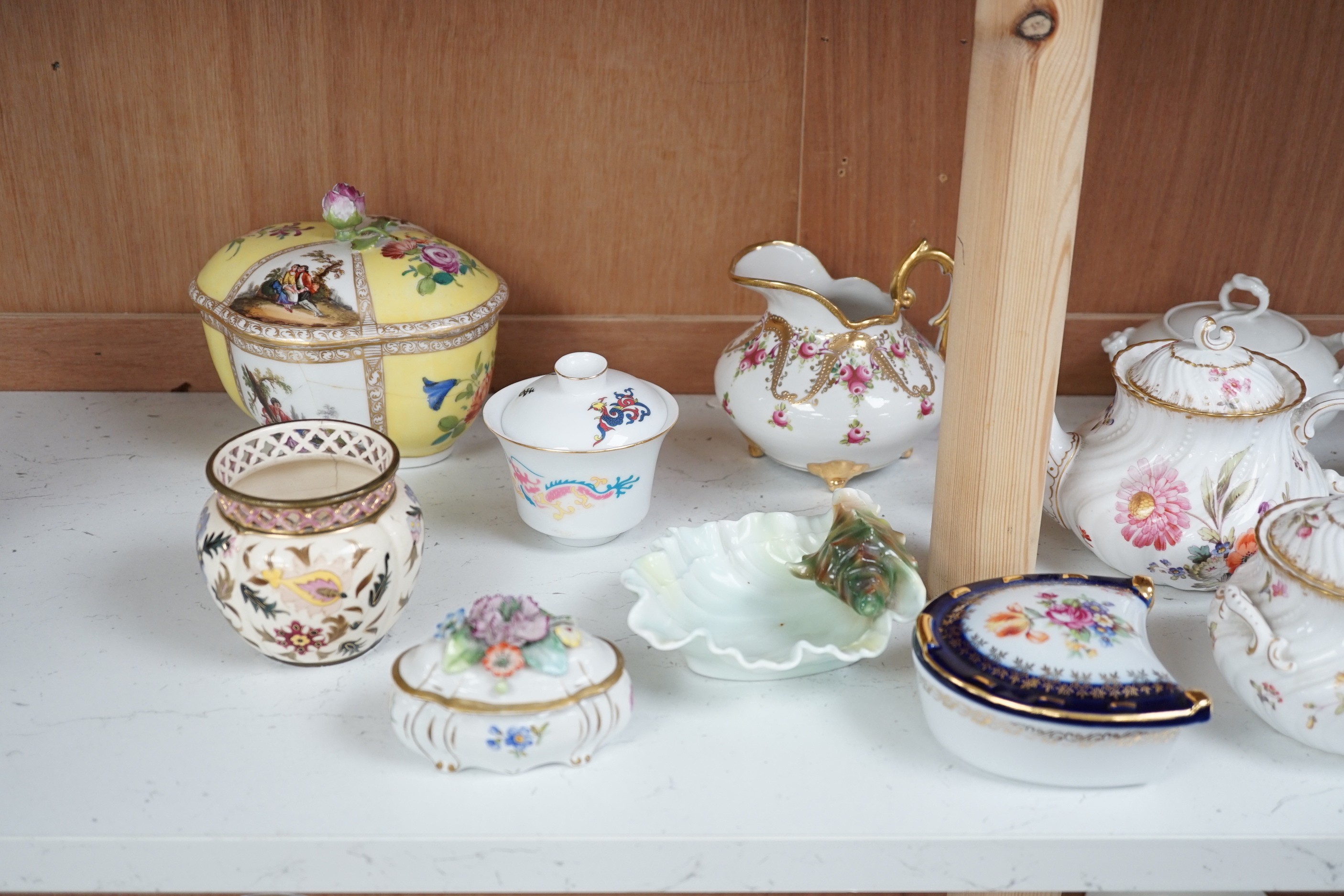 A large group of continental ceramics to include mainly 19th century including one piece of Zsolnay, Dresden wares, trinket boxes, a pottery and gilt metal mounted inkstand etc